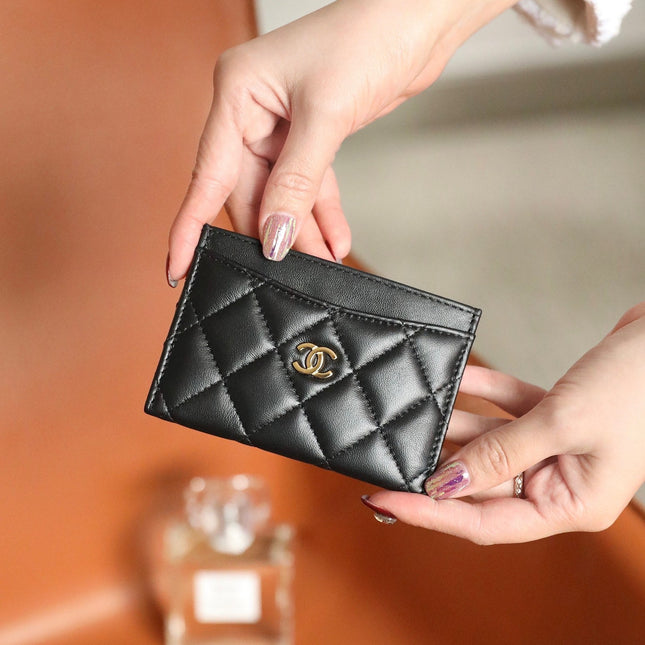 CC CARD HOLDER 11 BLACK CALFSKIN GOLD ICON