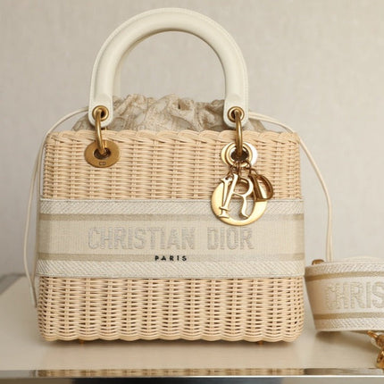 LADY 24 HANDBAG IN WHITE OBLIQUE JACQUARD AND BEIGE WICKER