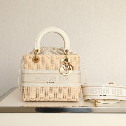 LADY 24 HANDBAG IN WHITE OBLIQUE JACQUARD AND BEIGE WICKER