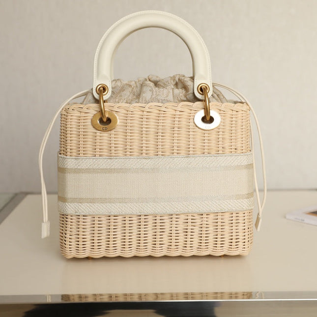 LADY 24 HANDBAG IN WHITE OBLIQUE JACQUARD AND BEIGE WICKER