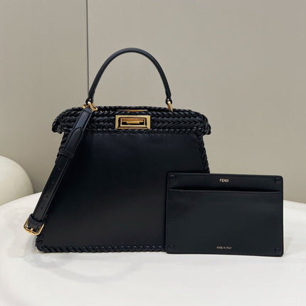 PEEKABOO ISEEU 27 IN BLACK SMOOTH CALFSKIN WITH WOVEN TRIM GOLD HARDWARE