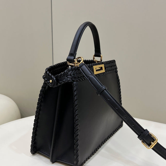 PEEKABOO ISEEU 27 IN BLACK SMOOTH CALFSKIN WITH WOVEN TRIM GOLD HARDWARE