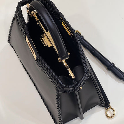 PEEKABOO ISEEU 27 IN BLACK SMOOTH CALFSKIN WITH WOVEN TRIM GOLD HARDWARE