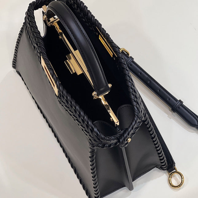 PEEKABOO ISEEU 27 IN BLACK SMOOTH CALFSKIN WITH WOVEN TRIM GOLD HARDWARE