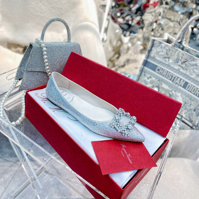 EFFLORESCENCE BALLERINAS IN SILVER CALFSKIN WITH FULLY EMBELLISHED CRYSTALS