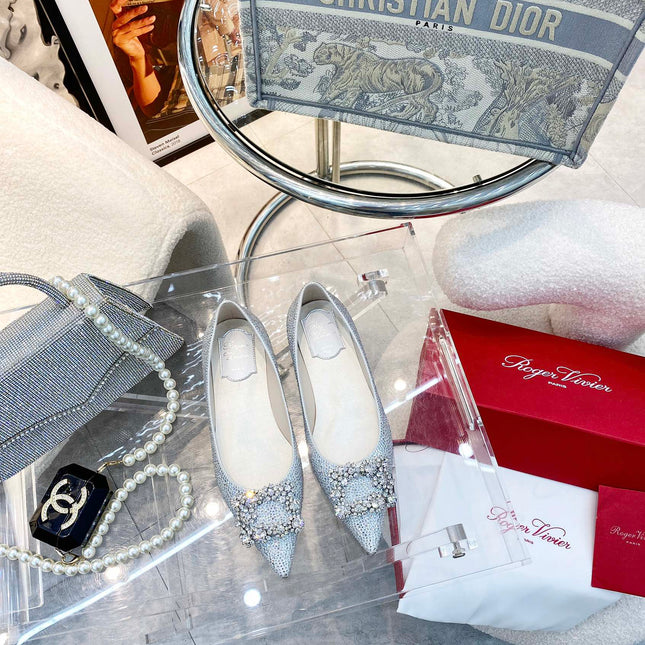 EFFLORESCENCE BALLERINAS IN SILVER CALFSKIN WITH FULLY EMBELLISHED CRYSTALS