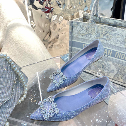 EFFLORESCENCE BALLERINAS IN BLUE CALFSKIN WITH FULLY EMBELLISHED CRYSTALS