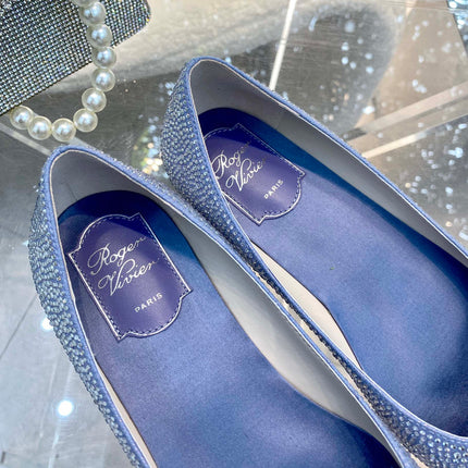 EFFLORESCENCE BALLERINAS IN BLUE CALFSKIN WITH FULLY EMBELLISHED CRYSTALS