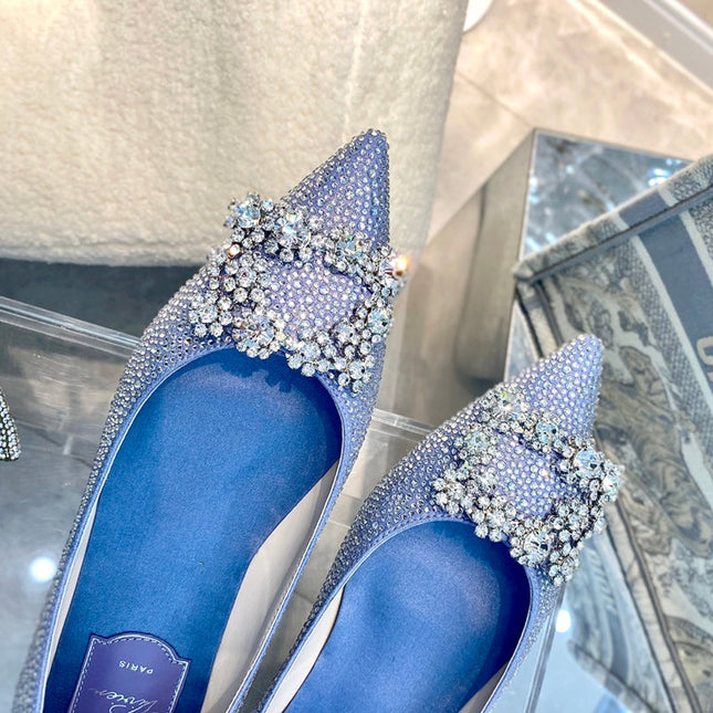 EFFLORESCENCE BALLERINAS IN BLUE CALFSKIN WITH FULLY EMBELLISHED CRYSTALS