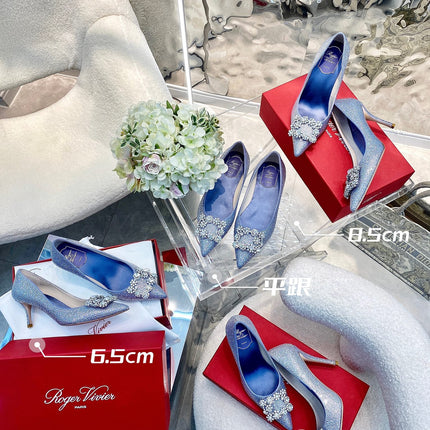 EFFLORESCENCE BALLERINAS IN BLUE CALFSKIN WITH FULLY EMBELLISHED CRYSTALS