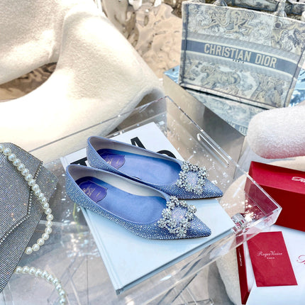 EFFLORESCENCE BALLERINAS IN BLUE CALFSKIN WITH FULLY EMBELLISHED CRYSTALS