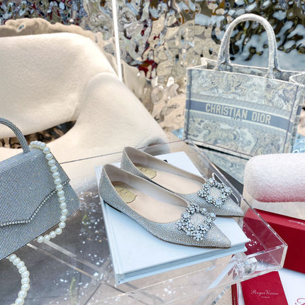 EFFLORESCENCE BALLERINAS IN BEIGE CALFSKIN WITH FULLY EMBELLISHED CRYSTALS