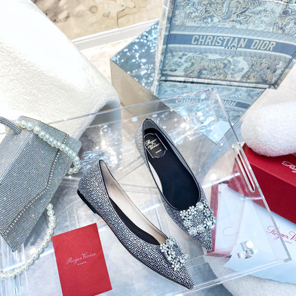 EFFLORESCENCE BALLERINAS IN BLACK CALFSKIN WITH FULLY EMBELLISHED CRYSTALS