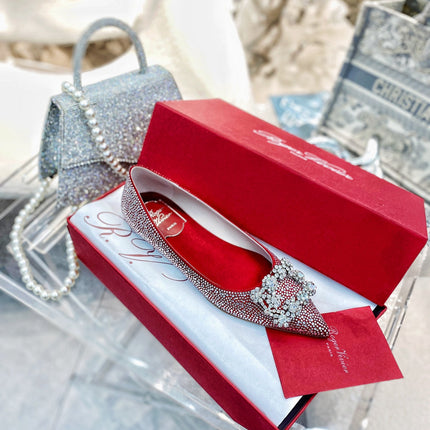 EFFLORESCENCE BALLERINAS IN RED CALFSKIN WITH FULLY EMBELLISHED CRYSTALS