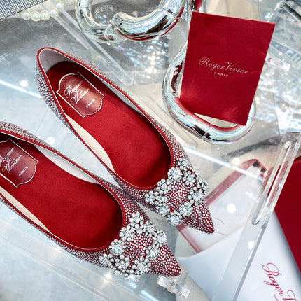 EFFLORESCENCE BALLERINAS IN RED CALFSKIN WITH FULLY EMBELLISHED CRYSTALS