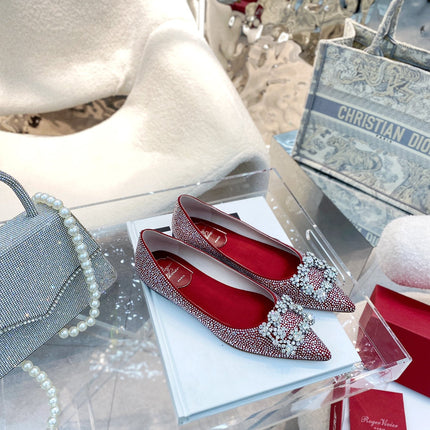 EFFLORESCENCE BALLERINAS IN RED CALFSKIN WITH FULLY EMBELLISHED CRYSTALS