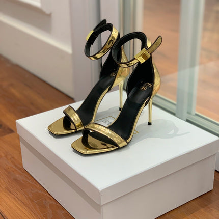 BALMAIN 25S UMA HEELED SANDALS 105MM IN GOLD CALFSKIN