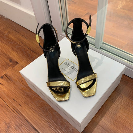 BALMAIN 25S UMA HEELED SANDALS 105MM IN GOLD CALFSKIN