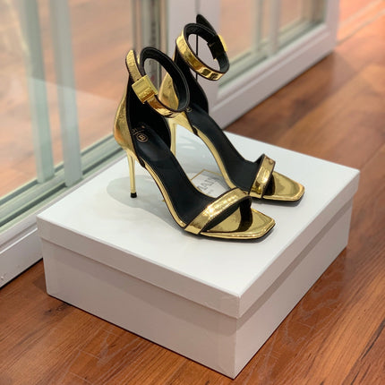 BALMAIN 25S UMA HEELED SANDALS 105MM IN GOLD CALFSKIN