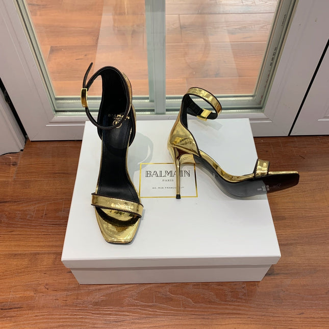 BALMAIN 25S UMA HEELED SANDALS 105MM IN GOLD CALFSKIN