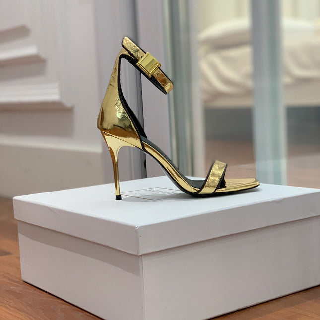BALMAIN 25S UMA HEELED SANDALS 105MM IN GOLD CALFSKIN