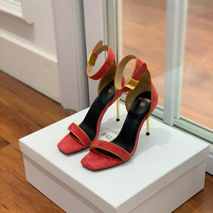 BALMAIN 25S UMA HEELED SANDALS 105MM IN RED SUEDE GOLD HARDWARE
