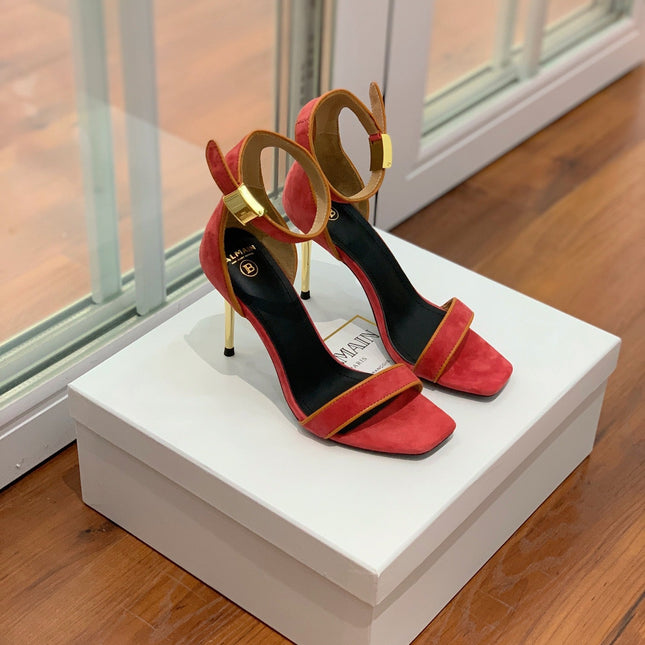 BALMAIN 25S UMA HEELED SANDALS 105MM IN RED SUEDE GOLD HARDWARE