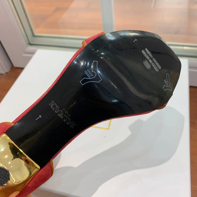 BALMAIN 25S UMA HEELED SANDALS 105MM IN RED SUEDE GOLD HARDWARE