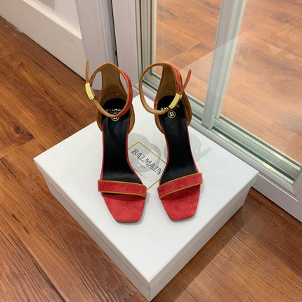 BALMAIN 25S UMA HEELED SANDALS 105MM IN RED SUEDE GOLD HARDWARE