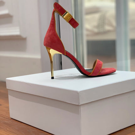 BALMAIN 25S UMA HEELED SANDALS 105MM IN RED SUEDE GOLD HARDWARE