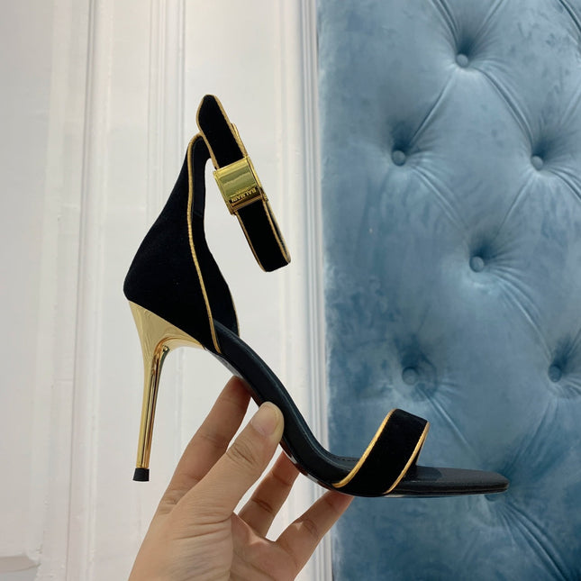BALMAIN 25S UMA HEELED SANDALS 105MM IN BLACK SUEDE GOLD HARDWARE