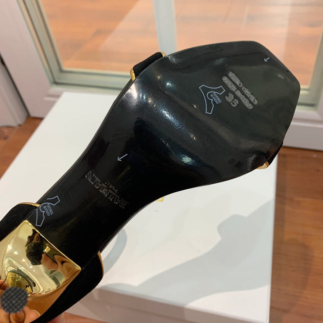 BALMAIN 25S UMA HEELED SANDALS 105MM IN BLACK SUEDE GOLD HARDWARE