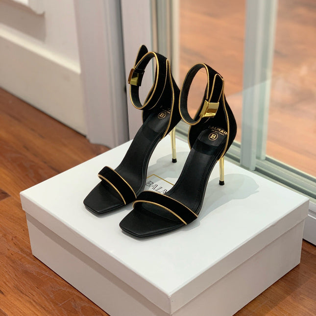 BALMAIN 25S UMA HEELED SANDALS 105MM IN BLACK SUEDE GOLD HARDWARE