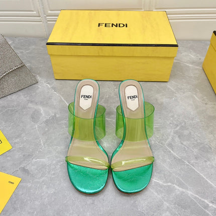FENDI FIRST 95 MM HIGH-HEELED SANDAL IN GREEN FERN TPU FILM AND LAMBSKIN