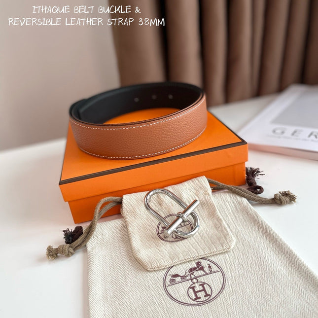HM ITHAQUE BELT SILVER BUCKLE & REVERSIBLE CINNAMON BROWN AND BLACK LEATHER STRAP 38MM