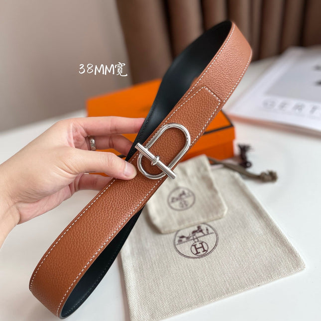 HM ITHAQUE BELT SILVER BUCKLE & REVERSIBLE CINNAMON BROWN AND BLACK LEATHER STRAP 38MM