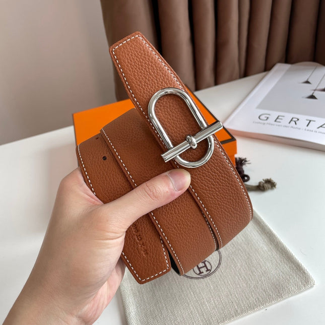 HM ITHAQUE BELT SILVER BUCKLE & REVERSIBLE CINNAMON BROWN AND BLACK LEATHER STRAP 38MM