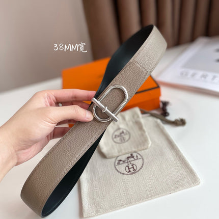 HM ITHAQUE BELT SILVER BUCKLE & REVERSIBLE CAMEL BROWN AND BLACK LEATHER STRAP 38MM