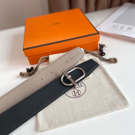 HM ITHAQUE BELT SILVER BUCKLE & REVERSIBLE CAMEL BROWN AND BLACK LEATHER STRAP 38MM