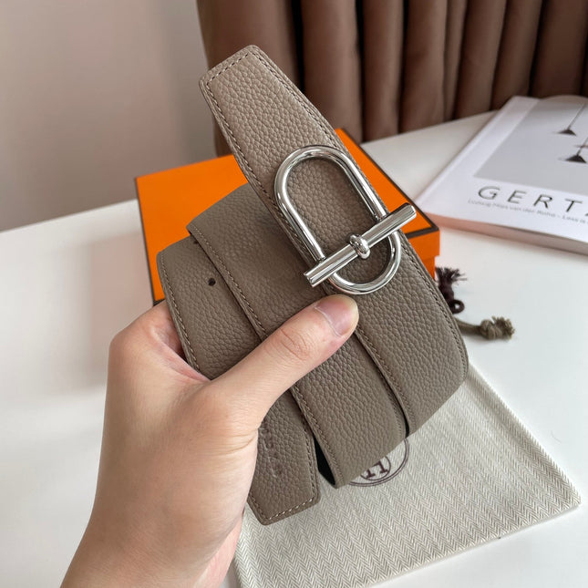 HM ITHAQUE BELT SILVER BUCKLE & REVERSIBLE CAMEL BROWN AND BLACK LEATHER STRAP 38MM