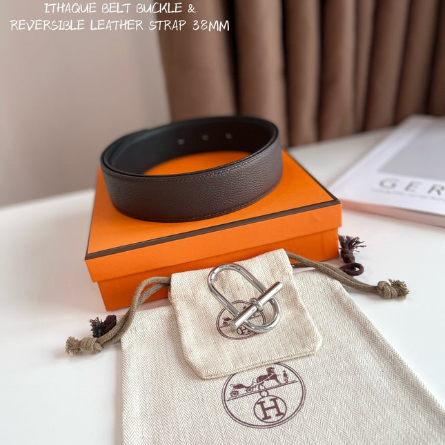 HM ITHAQUE BELT SILVER BUCKLE & REVERSIBLE CHOCOLATE BROWN AND BLACK LEATHER STRAP 38MM