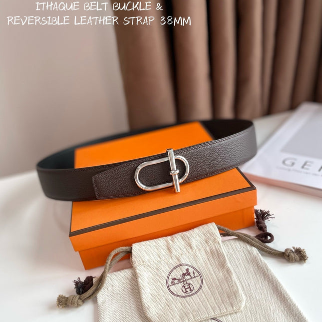 HM ITHAQUE BELT SILVER BUCKLE & REVERSIBLE CHOCOLATE BROWN AND BLACK LEATHER STRAP 38MM