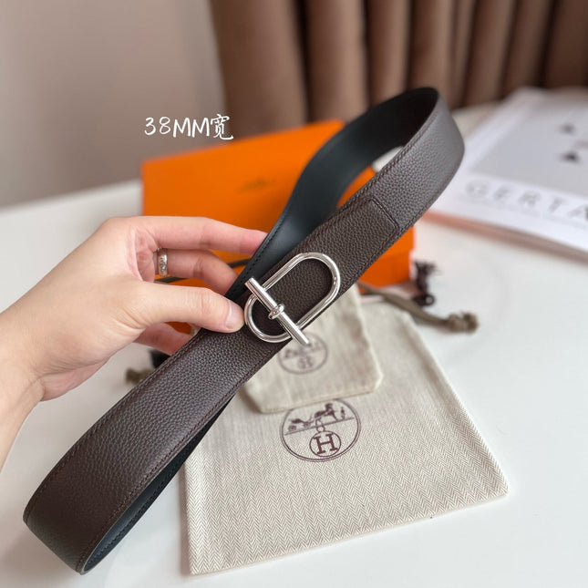 HM ITHAQUE BELT SILVER BUCKLE & REVERSIBLE CHOCOLATE BROWN AND BLACK LEATHER STRAP 38MM