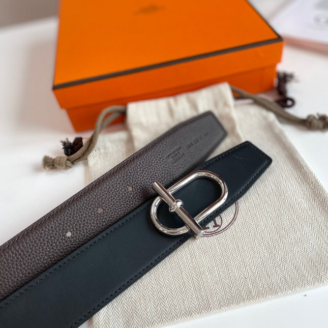 HM ITHAQUE BELT SILVER BUCKLE & REVERSIBLE CHOCOLATE BROWN AND BLACK LEATHER STRAP 38MM