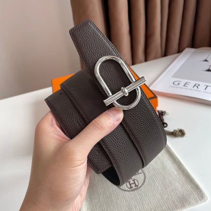 HM ITHAQUE BELT SILVER BUCKLE & REVERSIBLE CHOCOLATE BROWN AND BLACK LEATHER STRAP 38MM