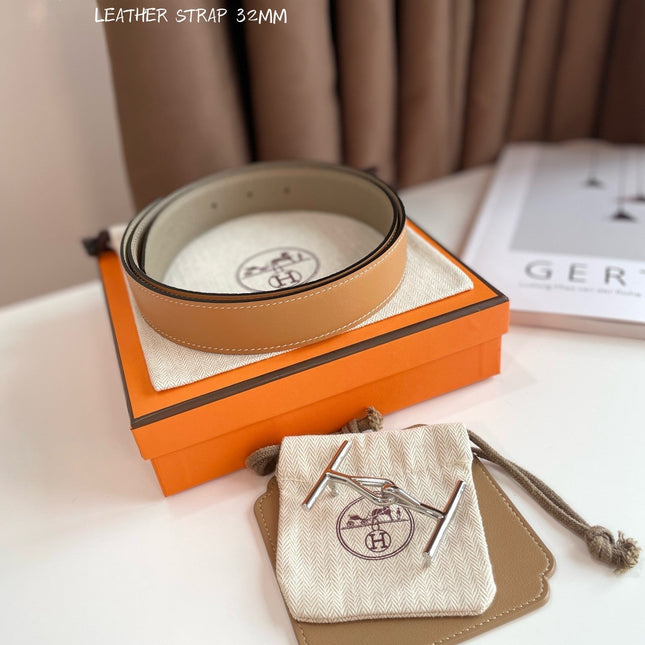 JUMBO BELT SILVER BUCKLE & REVERSIBLE CAMEL BROWN AND ORANGE LEATHER STRAP 32MM