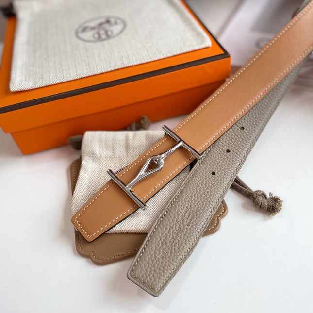 JUMBO BELT SILVER BUCKLE & REVERSIBLE CAMEL BROWN AND ORANGE LEATHER STRAP 32MM