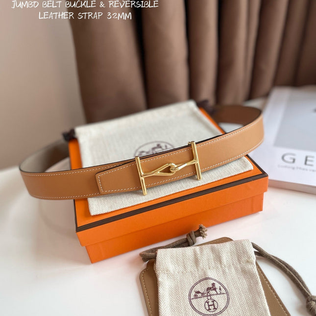 JUMBO BELT GOLD BUCKLE & REVERSIBLE CAMEL BROWN AND ORANGE LEATHER STRAP 32MM