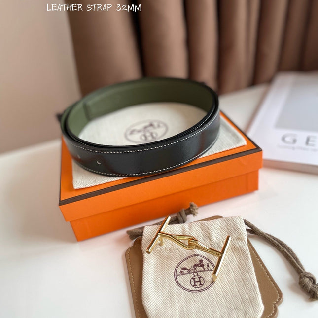 JUMBO BELT GOLD BUCKLE & REVERSIBLE OLIVE GREEN AND BLACK LEATHER STRAP 32MM