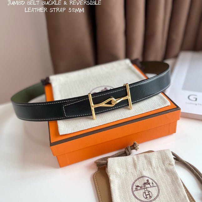 JUMBO BELT GOLD BUCKLE & REVERSIBLE OLIVE GREEN AND BLACK LEATHER STRAP 32MM